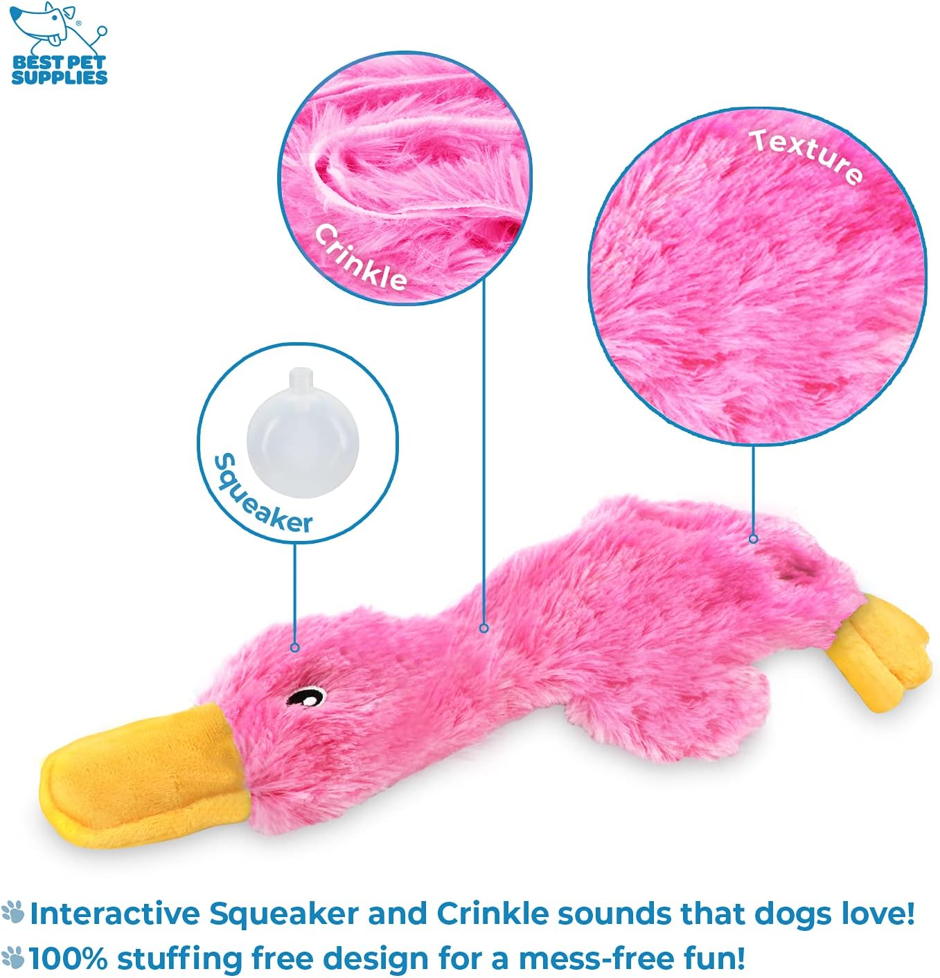 Best Pet Supplies No-Stuffing Crinkle Duck Dog Toy with Squeaker, Pink